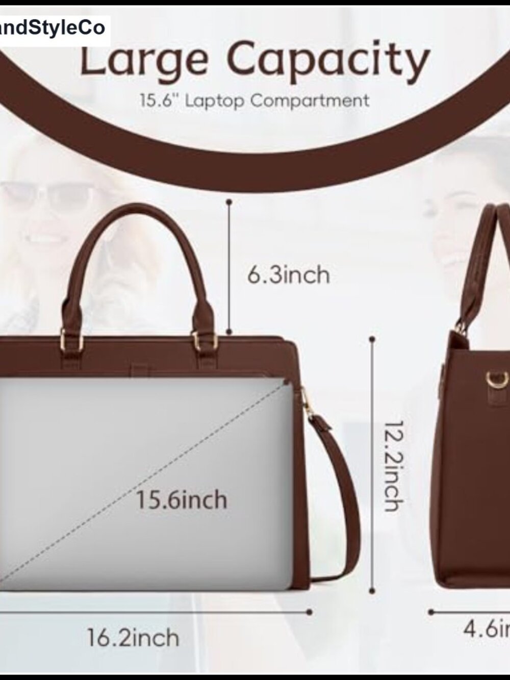 Large PU Leather Laptop Tote Bag Fits 17.3in Computer Business Work - Picture 6 of 6